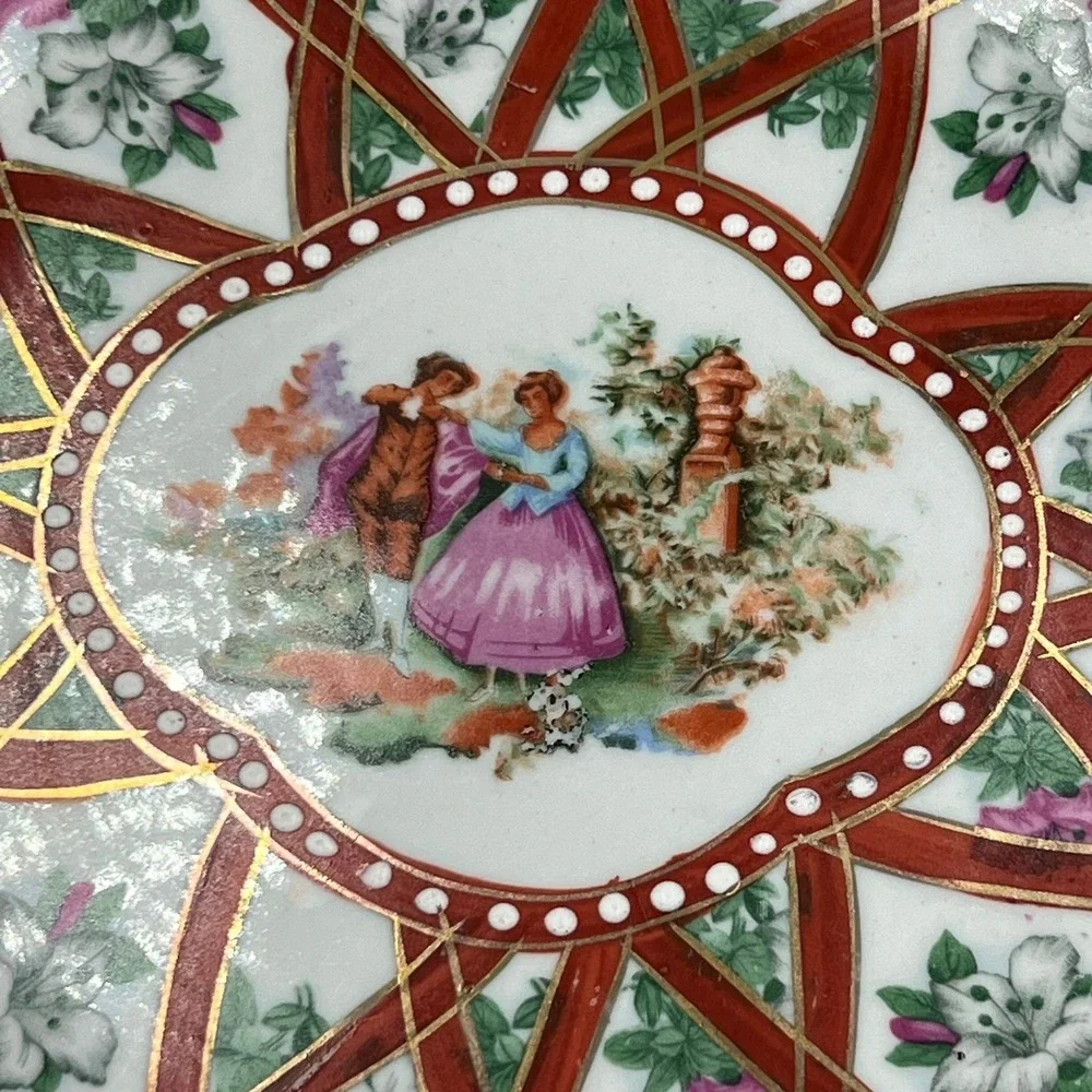 Limoges China Pitcher and Basin Set Large White Red Gold NWOT Courting‎ Couple